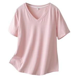 
Front shoulder T-shirt for women large size 2024 summer half-sleeved fat m200*0.5kg simple solid color v-neck curved hem short-sleeved top