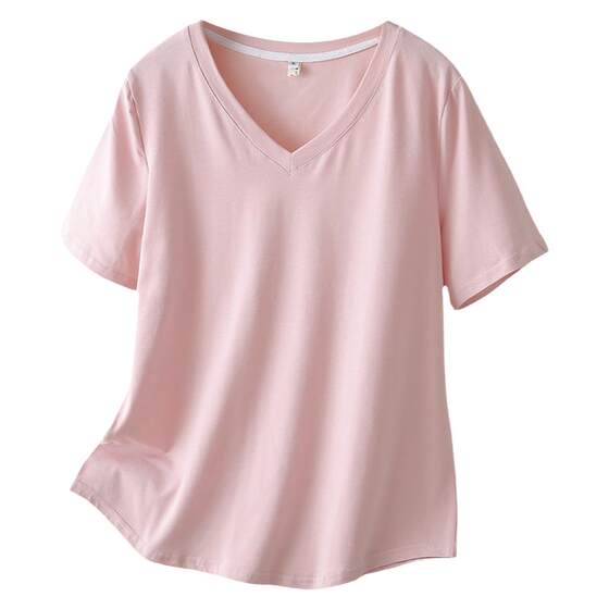 
Front shoulder T-shirt for women large size 2024 summer half-sleeved fat m200*0.5kg simple solid color v-neck curved hem short-sleeved top