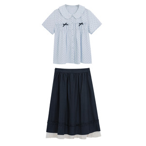 
Plus size women's new summer style vertical pattern top hem ruffled loose shirt high waist a line skirt suit
