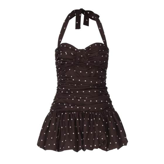 
Shemoda summer polka dot printed one-length neck halter dress for women, pleated high waist slim flower bud short skirt