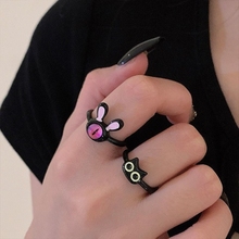 Cartoon funny black cat opening ring for female personality niche Instagram cute design couple best friend ring