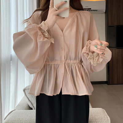 taobao agent Sexy fuchsia shiffon doll, jacket, plus size, V-neckline, autumn, long sleeve, fitted