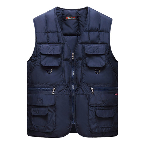 Autumn and winter down cotton vest men's warmth and thick dad pretend to be shoulder leisure, middle -aged and elderly multi -pocket vest, inside and outside
