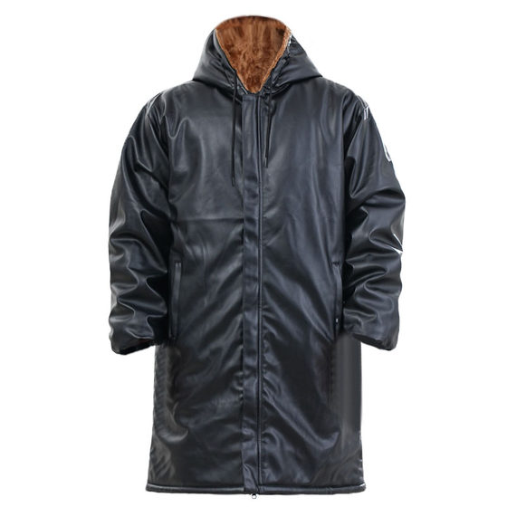 
Long hooded leather jacket for men loose large size leather jacket for autumn and winter plus velvet thickened knee pad leather pants suit work clothes