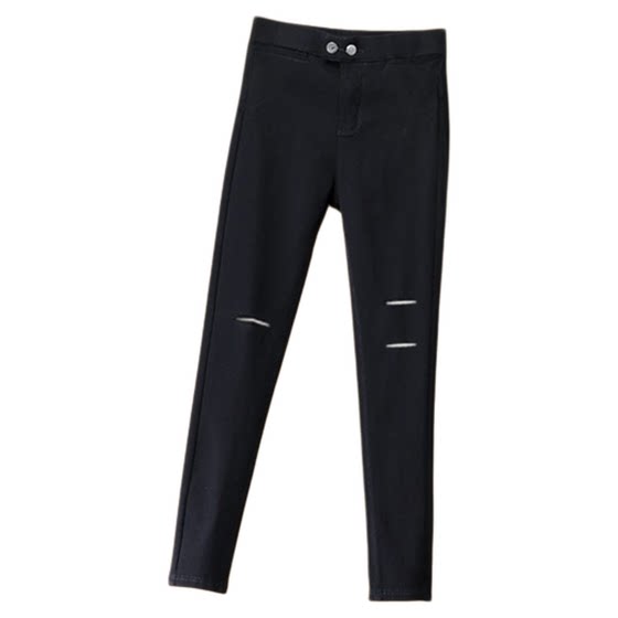 
Ripped black leggings for women with spring and autumn 2025 new high-waisted nine-point small feet pencil small black pants summer thin style