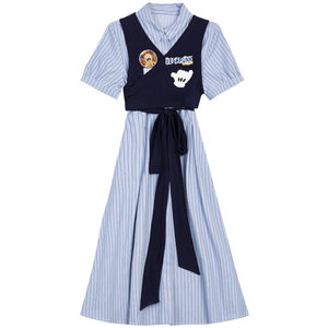KEIKO French blue striped short-sleeved shirt dress summer 'Rabbit Police Officer' fake two-piece slim long skirt