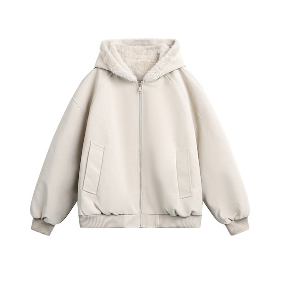 
NEVERNEED mountain carving PU leather hooded cotton coat for men and women in autumn and winter American couple wear warm fur collar cotton coat