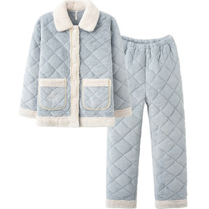 Mrs. Sili couple pajamas for winter women's coral velvet three-layer cotton winter super thick cotton jacket men's home clothes
