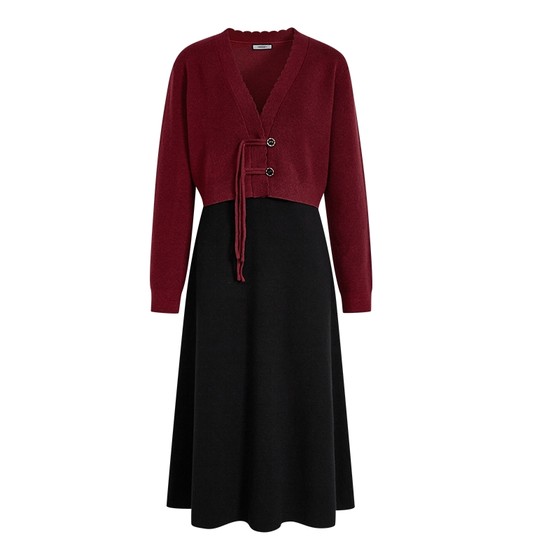 
Broad color new Chinese style red cardigan jacket vest skirt two-piece suit women's 25 autumn and winter sweater dress