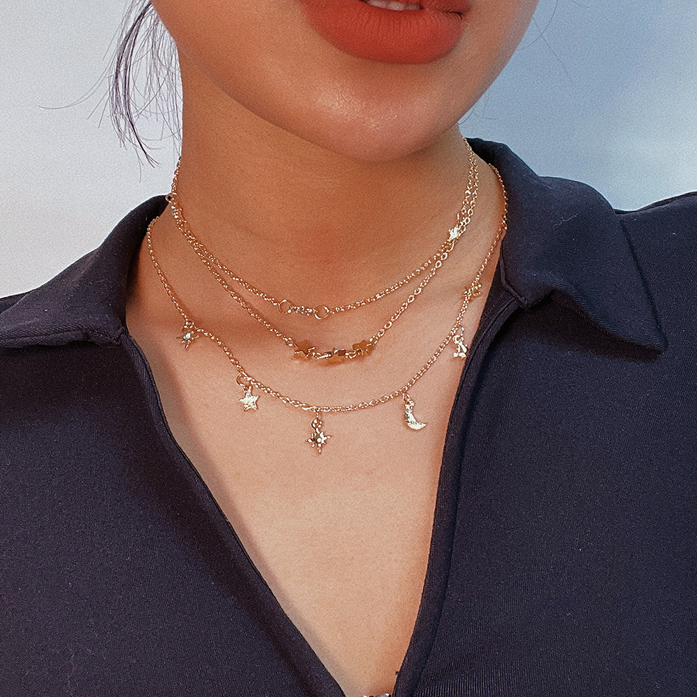 Necklace Choker Moon Star Pendant NECKLACE Three-Layer necklace