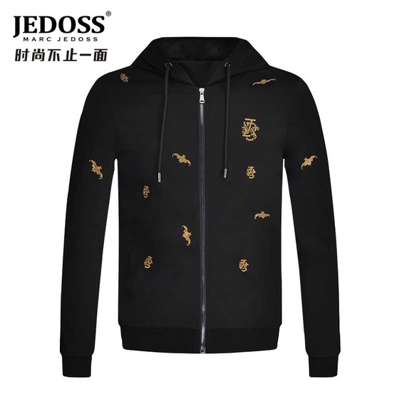 JEDOSS/爵迪斯男装春夏款黑色连帽logo烫钻开衫卫衣夹克0225