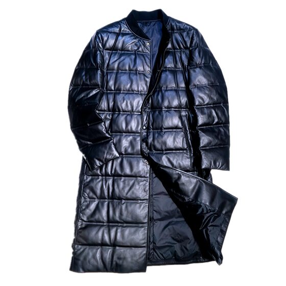 
Mid-length baseball collar down leather jacket for men's winter black casual white duck down sheepskin jacket square