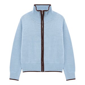 
Basic House/Baijiahao light blue contrast stand collar zipper knitted cardigan women's spring loose sweater jacket