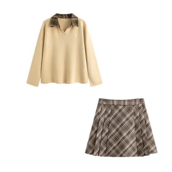 
Wanwan large-size women's contrasting color versatile sweater autumn and winter new loose knitted sweater top plaid skirt suit