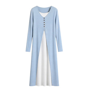 
Maternity dress spring and autumn 2026 new Korean style long-sleeved fake two-piece blue stitching mid-length A-line skirt