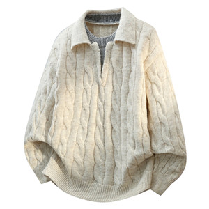 
Luo Meng men's new fake two-piece fashionable casual lapel sweater autumn and winter versatile pullover knitted bottoming shirt for men