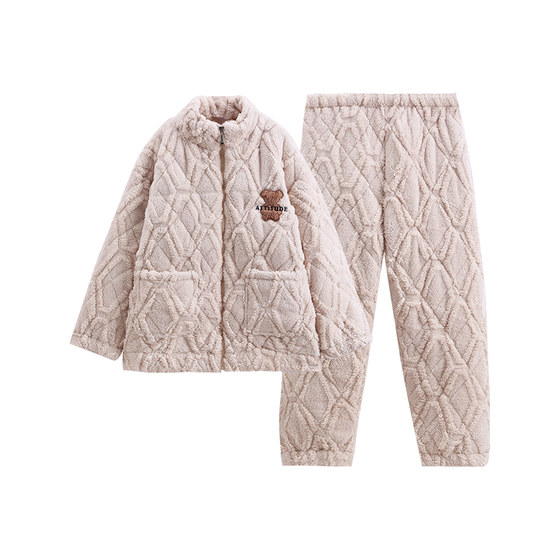 
Fenten couple pajamas winter coral velvet cotton jacket three-layer thickened set warm and anti-static home clothes for men and women