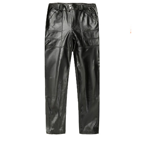 Temporary leather pants male sheep's head layer windproof and loose locomotive pants autumn and winter straight tube high waist deep crotch middle elderly casual pants