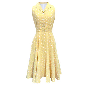 
Juju French polka-dot shirt dress sleeveless Hong Kong style retro temperament mid-length skirt waist slimming women's summer