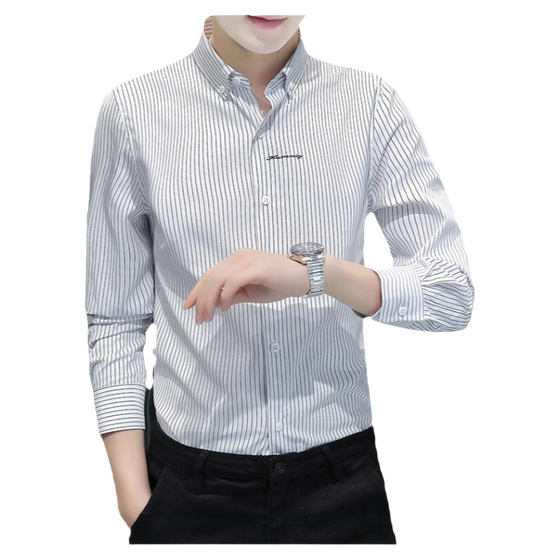 Long sleeved men's fine striped shirt, spring and autumn high-end embroidery, business and leisure formal shirt, with trendy men's clothing underneath