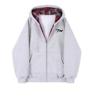 
Spliced ​​plaid hooded jacket for women in autumn and winter 2024 new white and gray loose lazy style zipper sweatshirt trendy brand