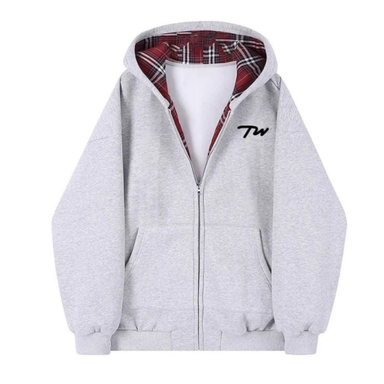 
Spliced ​​plaid hooded jacket for women in autumn and winter 2024 new white and gray loose lazy style zipper sweatshirt trendy brand