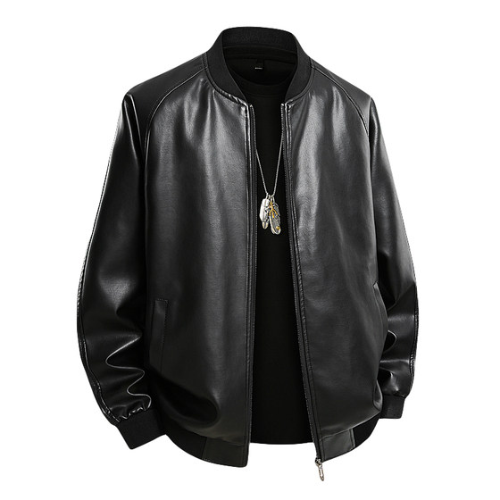 
Spring and Autumn Trendy Men's Fashion Baseball Collar Motorcycle Leather Jacket Fat Large Size Plus Fat Loose Casual Cardigan Jacket