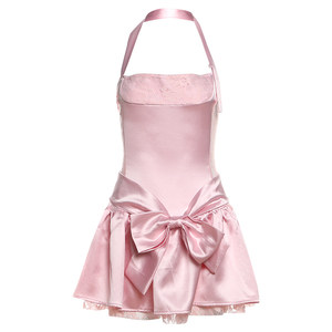 Griffin girl, sweet girly satin bow halter dress for women, backless pleated A-line skirt
