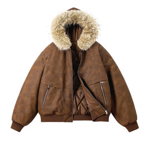 
WASSUP mountain sculpture large fur collar pu fur cotton coat for men and women winter imitation mink velvet thickened warm workwear cotton coat