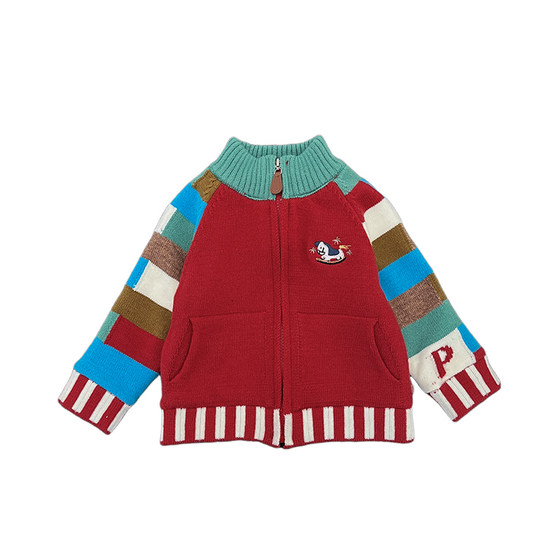 
Boys' Spring and Autumn Clothes New Year's Sweater Suits for Boys, Fashionable Color Blocking and Velvet Knitted Cardigans, Baby Warm Pants