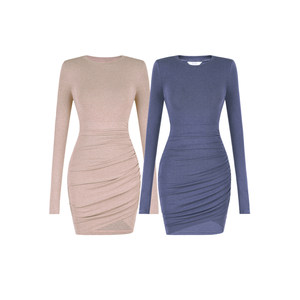 
XULU original autumn solid color rayon sexy hip skirt casual slim pleated high waist long sleeve round neck dress