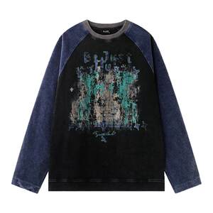 
BJHG reckless American retro mottled print long-sleeved T-shirt men's early spring contrast raglan sleeve sweatshirt for women