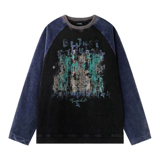 
BJHG reckless American retro mottled print long-sleeved T-shirt men's early spring contrast raglan sleeve sweatshirt for women