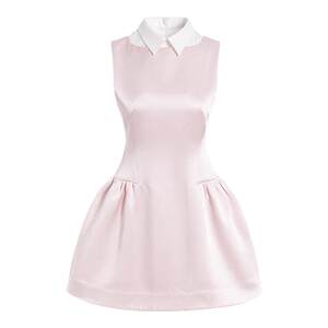 
RECIT Light Pink Satin Vest Dress Women's Summer Waist Fake Two-piece Sleeveless Shirt Collar A-Line Skirt