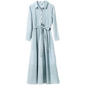 2024 Spring and Summer New Travel Literary Cotton Solid Color Dress Women's Waist Slimming Shirt Collar Long Sleeve Long Skirt
