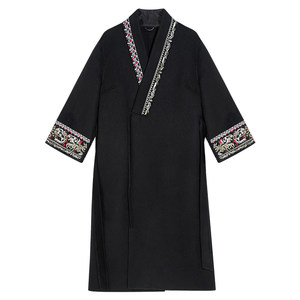 
Xinghe Hange Xuanxiu black embroidered wool coat woolen coat 2025 new women's mid-length windbreaker