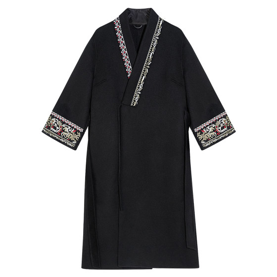 
Xinghe Hange Xuanxiu black embroidered wool coat woolen coat 2025 new women's mid-length windbreaker