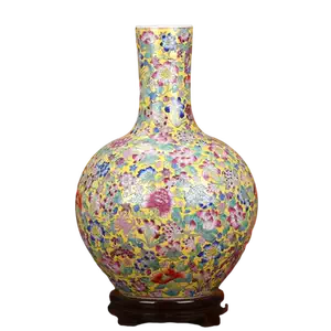 中国古玩 粉彩 天球瓶 大花瓶 高約52cm 時代物 唐物 x031135 精品