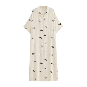 
Yuenei pajamas nightgown women's summer pure cotton gauze short-sleeved cardigan long skirt cotton large size panda
