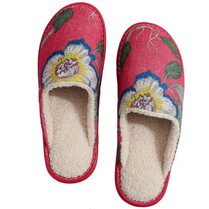 
Winter home silent Chinese printed fabric anti-slip soft-soled home cotton slippers for men and women indoor plus fluff to keep warm
