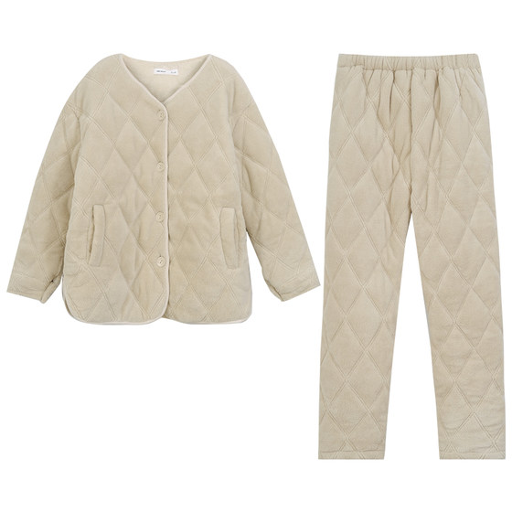 
Beiyan winter thickened coral velvet cotton couple pajamas men and women warm cotton jacket with scarf home clothes set