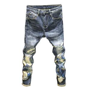 
High-end printed graffiti trendy brand jeans for men in autumn and winter, trendy splash-ink casual, versatile, handsome, slim-fitting pants