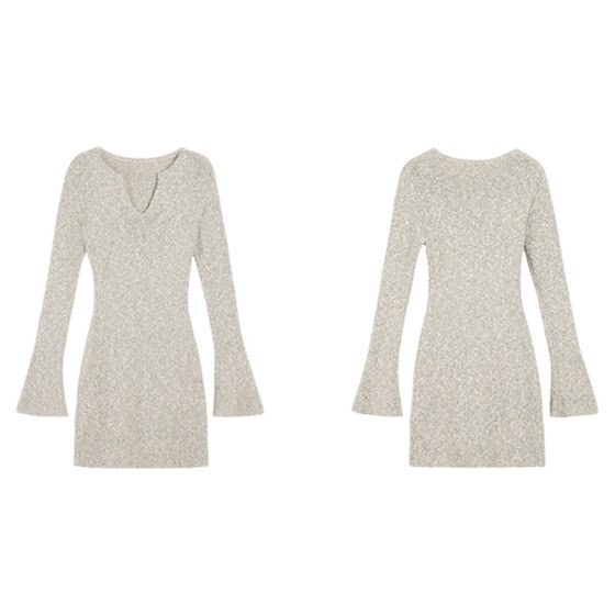 
NEVA HU long-sleeved v-neck knitted dress for women 2025 slim waist-hugging hot girl sexy A-line hip short skirt