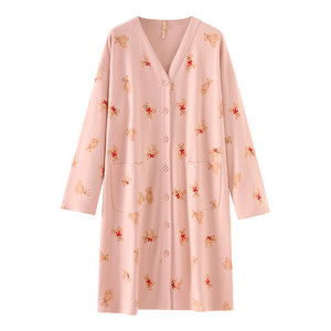 Jialefen's nightdress Women's pajamas spring and autumn long -sleeved cotton thin cotton shirt long shirt large size casual