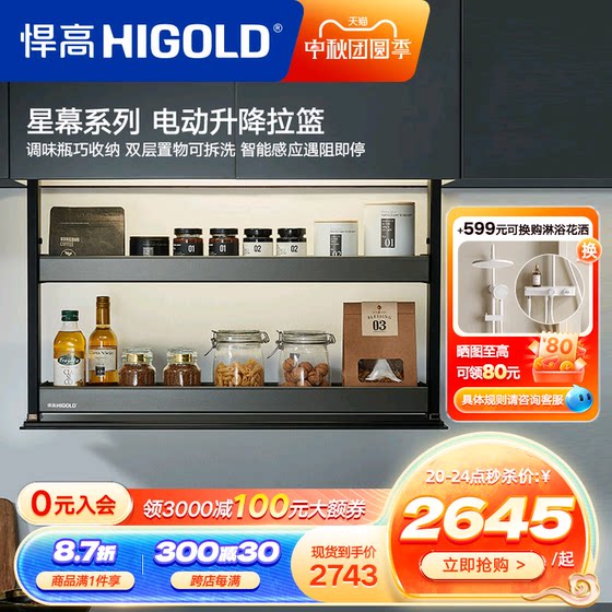 吊拉物电动双层调料智能厨房升降篮悍higold/高柜置调味架升降