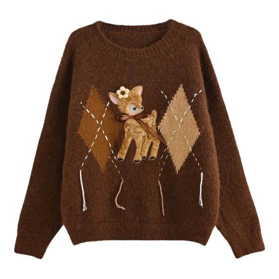 
Mori girl tribe sweet style cute deer embroidery design round neck sweater women's new pullover sweater winter
