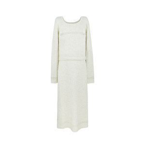 
Mengmeng Ja Moonlight Holiday Light Luxury Gentle Slim Fit Hollow Knitted Suit Beige Long Sleeve Top Straight Long Skirt