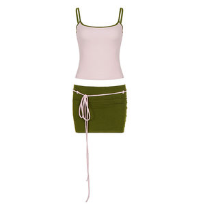 
H Family European and American Clothing Spring Girl Vitality Vacation Casual Suit Tender Pink Suspender + Lace-Up Green Skirt