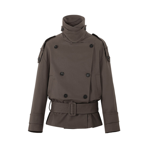 SINGLE MOMENT 25AW French retro large stand collar wide shoulder short double-breasted waist windbreaker jacket for women