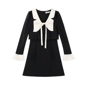 Xiaoxiang style black v-neck long-sleeved dress for women's spring clothes 2025 new waist-hugging rich family high-end a-line skirt